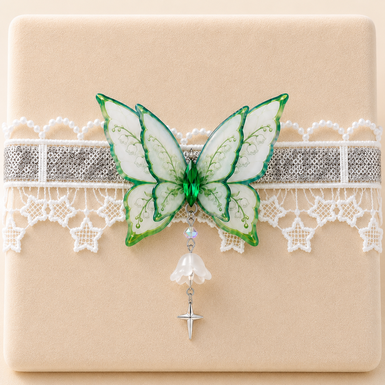 Emerald Lily of the Valley Butterfly Lace Choker