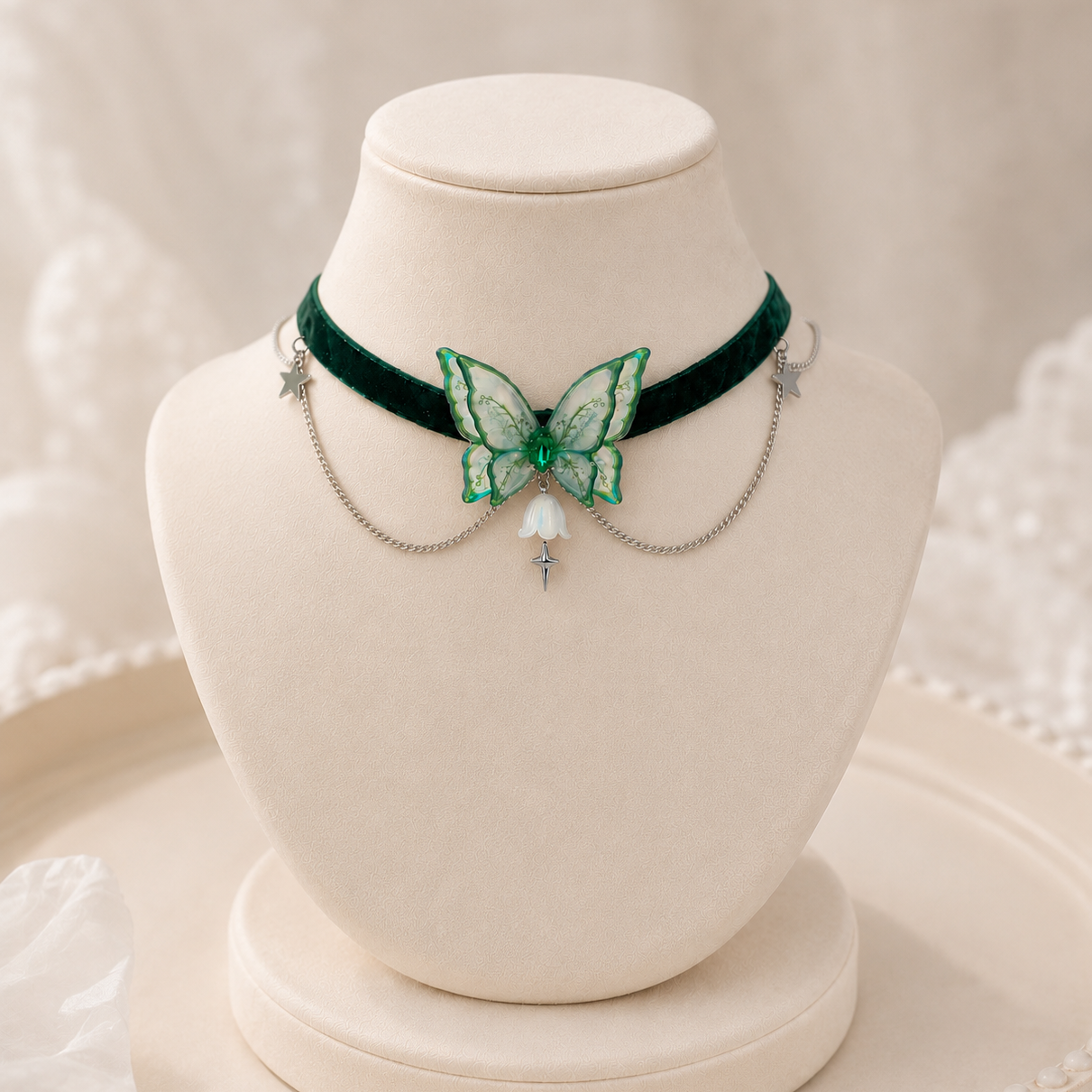 A dark green velvet choker necklace displayed on a cream-colored jewelry bust. The necklace features a central green butterfly embellishment with a clear rhinestone center, delicate silver chains draped on either side, and small silver star charms.