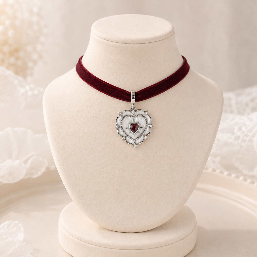 A heart-shaped silver pendant necklace with a red heart center, displayed on a cream-colored jewelry bust. The necklace is paired with a deep burgundy velvet ribbon choker, set against a soft, warm, white lace background.